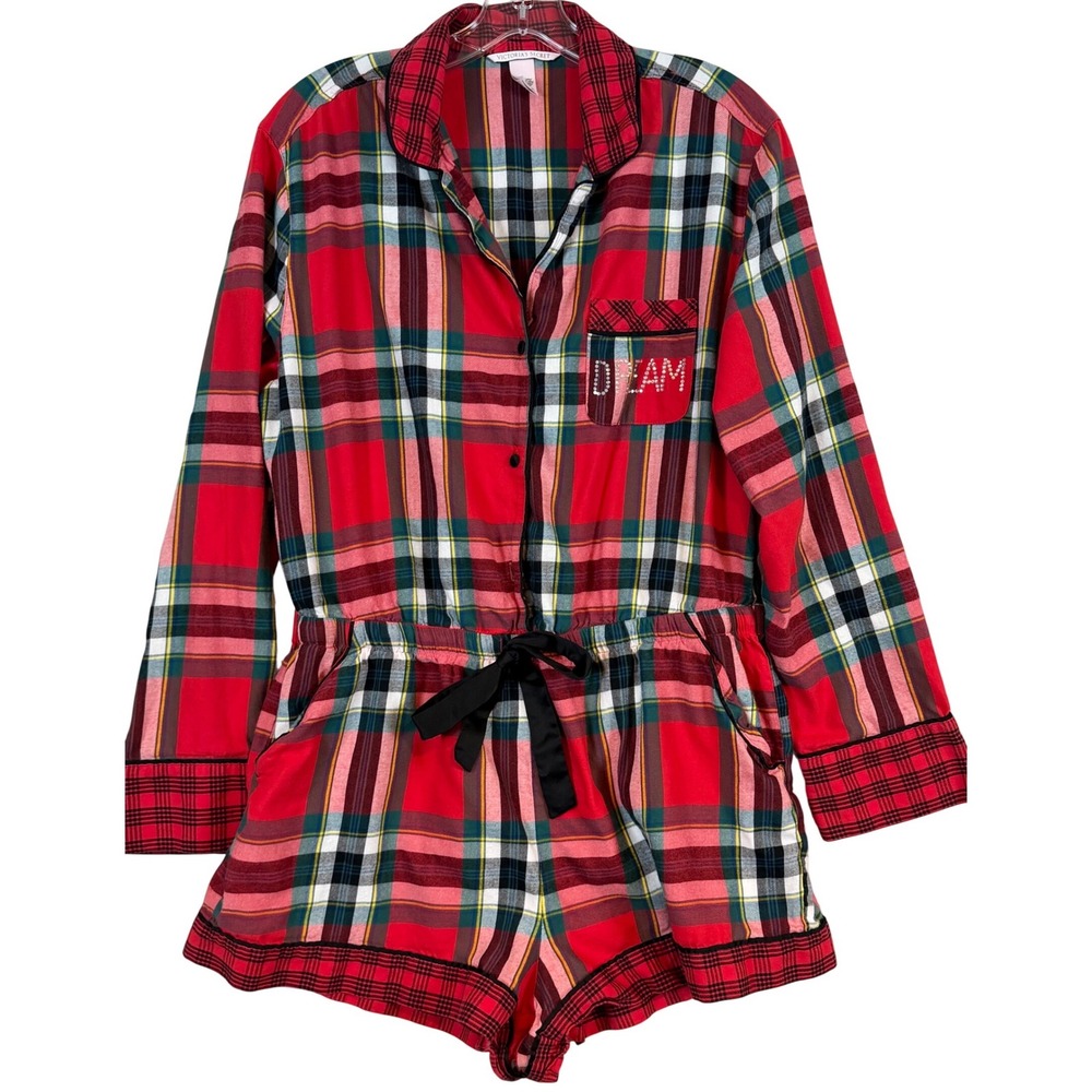 Victoria's Secret Red Plaid Dream Rhinestone Pajama Romper Womens •L• Buffalo
